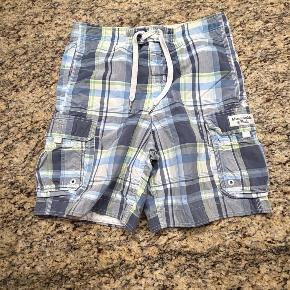 Abercrombie & Fitch Mens Plaid Cargo Swim Trunks Blue Green Mesh Lined Large ws